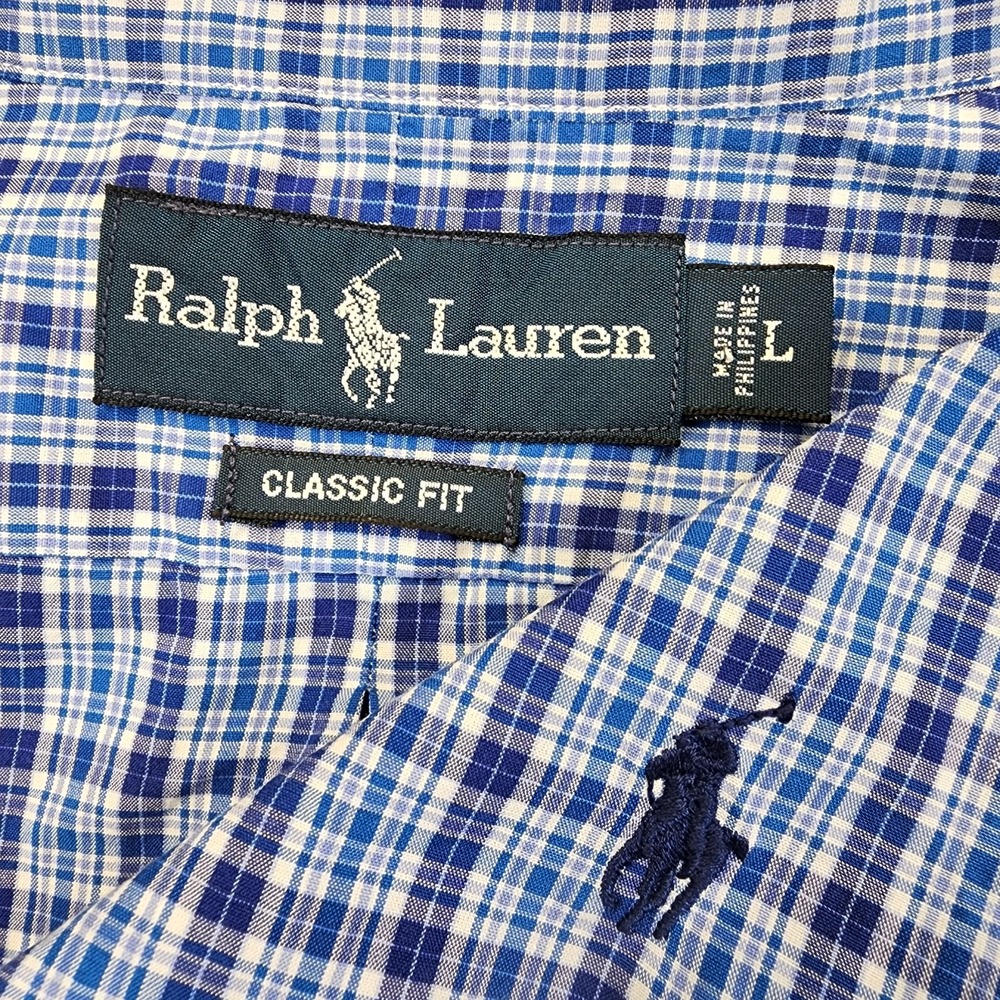 Ralph Lauren Men's‎ L Short Sleeve Classic Fit Plaid Button Shirt Blue